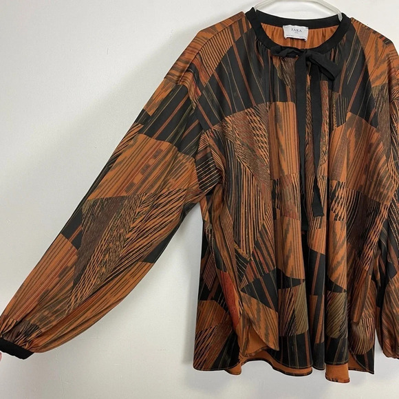 Zara Basic Blouse Womens Size Small Oversized Black Brown Pattern Neck Tie Bow - Picture 2 of 11